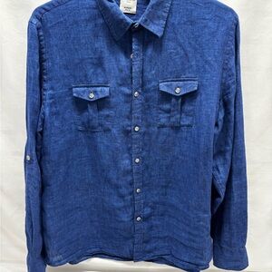 Murano Baird McNutt Mens Linen Slim Fit Button Up Shirt XL Blue Long Sleeve Boho